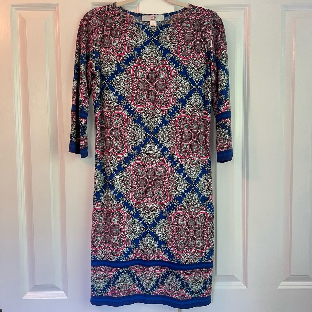 Wisp‎ Petite Blue & Pink Damask Pattern Midi Sheath Cocktail Dress Size 6P
